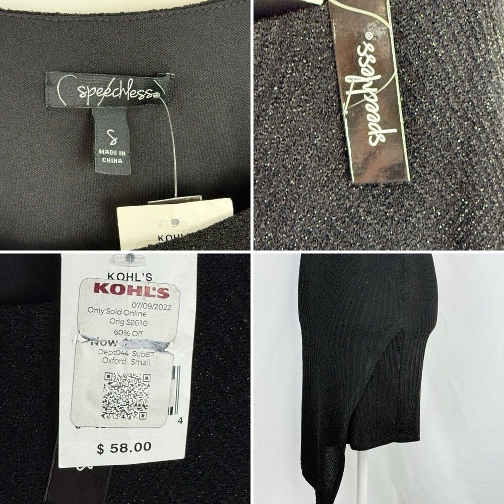 Speechless Black Bodycon Dress Small NWT Cutout Back Glitter Knit Sheer Hem - Picture 8 of 16